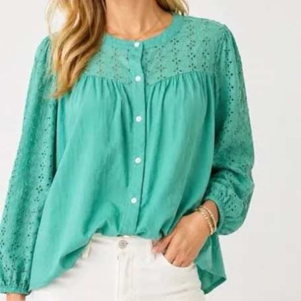 J.Crew Blouse Womens XL Green BF833 Eyelet Cotton Long Sleeve Button Front Top‎